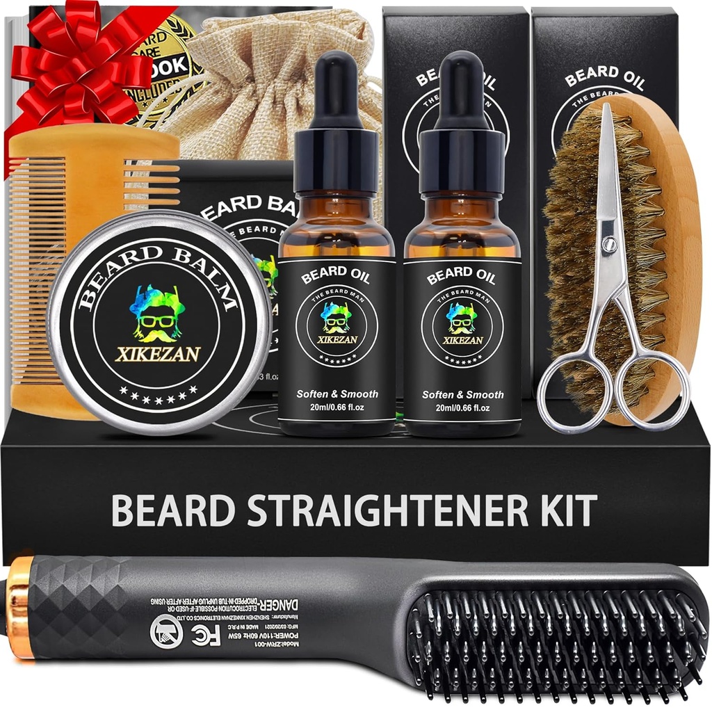 XIKEZAN Beard Kit pro muže Grooming & Straightening Set, w / Beard Straightener, 2 Pack Oil, Balm, Comb, nůžky, kartáč, Narozeniny Valentines dárky pro něj táta Muži Přítel vánoční skladování Stuffers
