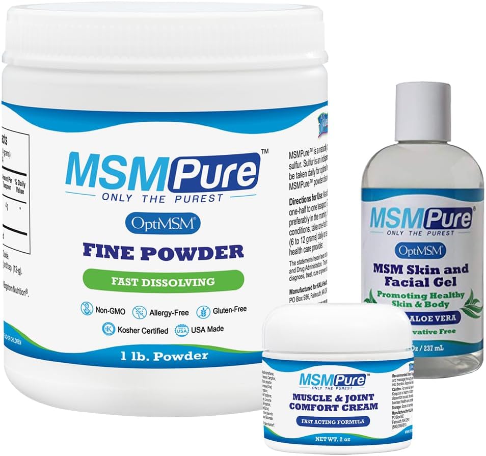 KALA ZDRAVÍ MSMPure Starter Bundle s MSM Fine Powder 1lb, MSM Muscle & Joint Cream 2oz a MSM Gel s Organic Aloe 8oz