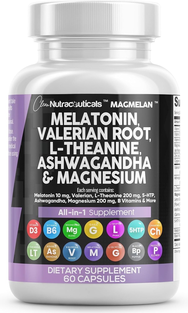 Čisté nutracidy Melatonin 10mg Valerian Root L Theanine 200mg Ashwagandha - Podpora spánku pro ženy a muže s komplexem hořčíku, Lemon Balm, Heřmánek, & Vášeň Květiny - 60 Caps