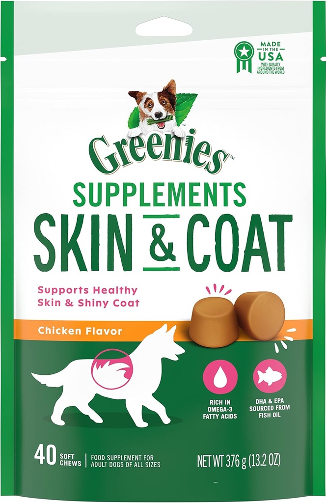 GREENIES kůže a kožešiny Doplňky stravy s rybími oleji a Omega 3 mastné kyseliny, 40- Count Chicken- Flavor měkké žvýkačky pro dospělé psy všech velikostí