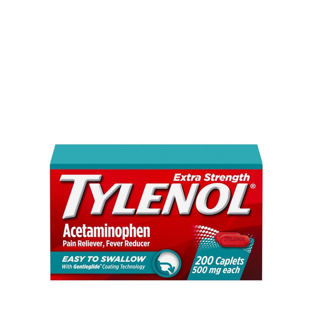 Tylenol Extra Strength Easy to Swallow Acetaminophen, Pain Reliever & Fever Reducer Coated Caplety pro dospělé s Gentleglide Technology, 500 mg Extra Strength Acetaminophen, 200 ct