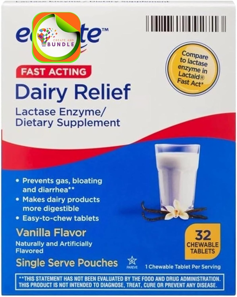 Vyrovnejte rychle působící mléčná reliéf laktáza enzym doplněk stravy Vanilla Flavor žvýkací tablety 32 Počet (balení po 1) + CreativeAndBundle Nálepka