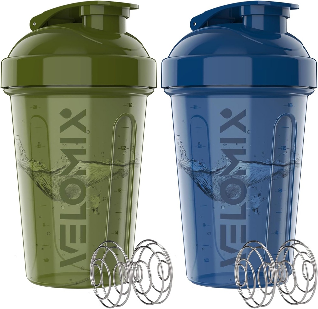 VELOMIX -2 Pack- 20 oz Lahvičky s proteinem pro proteinové směsi - 2x Wire Whisk CUP 124; Leak Proof Shaker Cups pro proteinové třepačky a předcvičné balení 124; Lahvička s proteinem (Zelená / modrá)