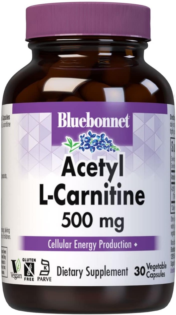Bluebonnet Nutrition Acetyl L- karnitin, Transports Fatty Acids, Boosts Cellular Energy, Soy & Gluten- Free, Kosher Certified, Vegan, 30 Zeleninové kapsle, White, 500 mg