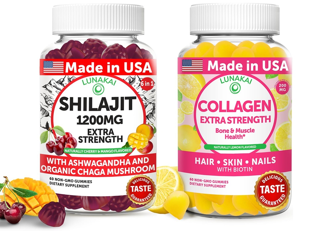 Lunakai USA Made Shilajit & Collagen Extra Strength Gummies Bundle - Energy, Hair, Skin, and Nail Support - Delicious & Non- GMO