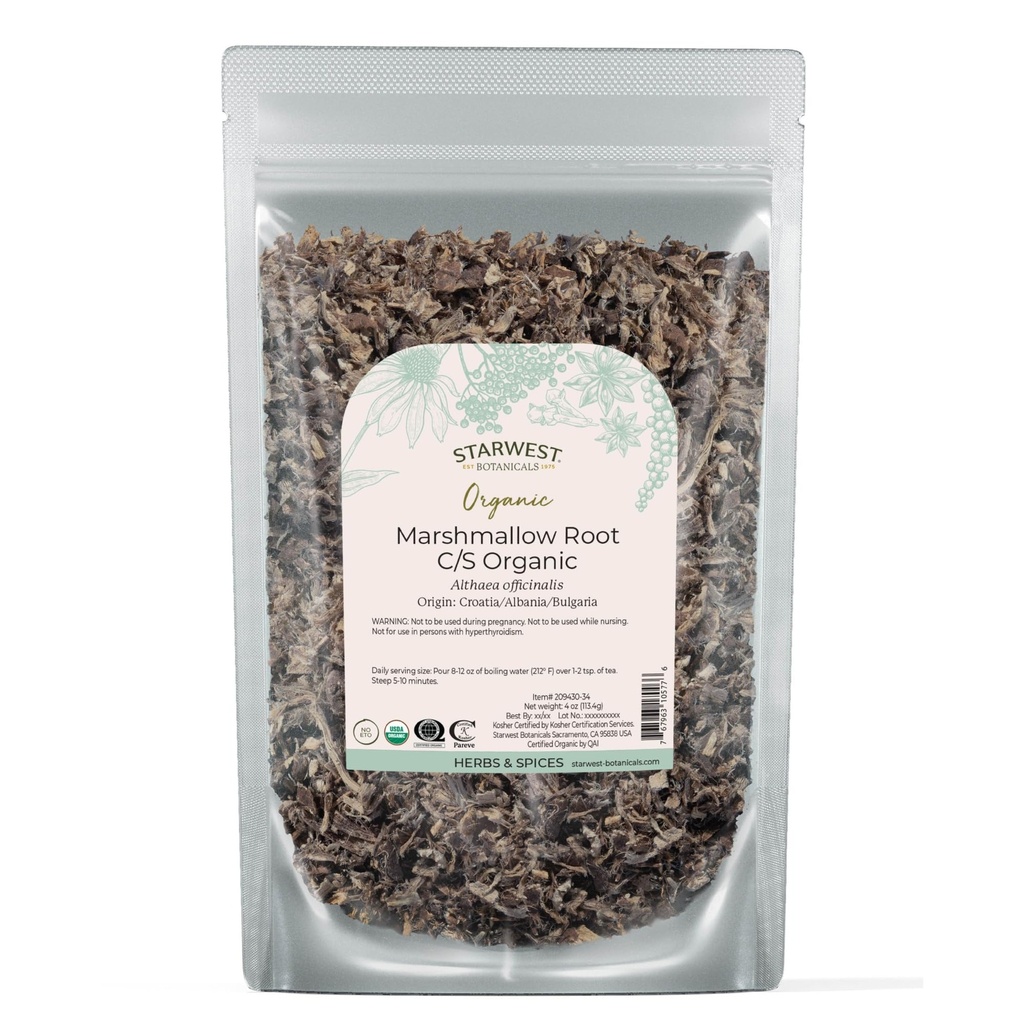Starwest Botanicals Organic Marshmallow Root - Sušený herb na čaj, Loose Leaf Root Herb, Cut & Sifted, Certified Kosher, Non- GMO - 4 oz Pouch