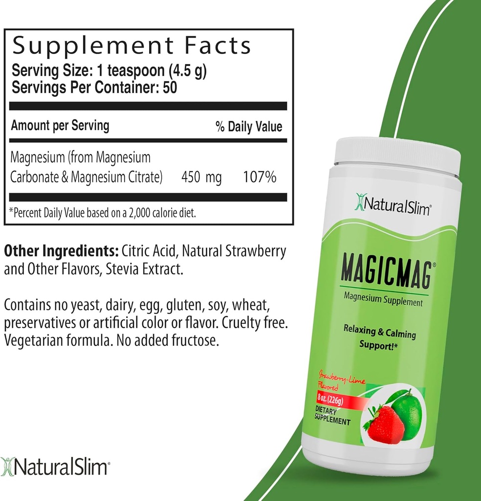 NaturalSlim Magicmag Čistá hořčík Citrát Powder - Stres, Zácpa, Svalová a srdeční podpora 124; Přírodní jahoda & Lime ochucený hořčík dodatek - 8oz Drink Mix (3 Pack)