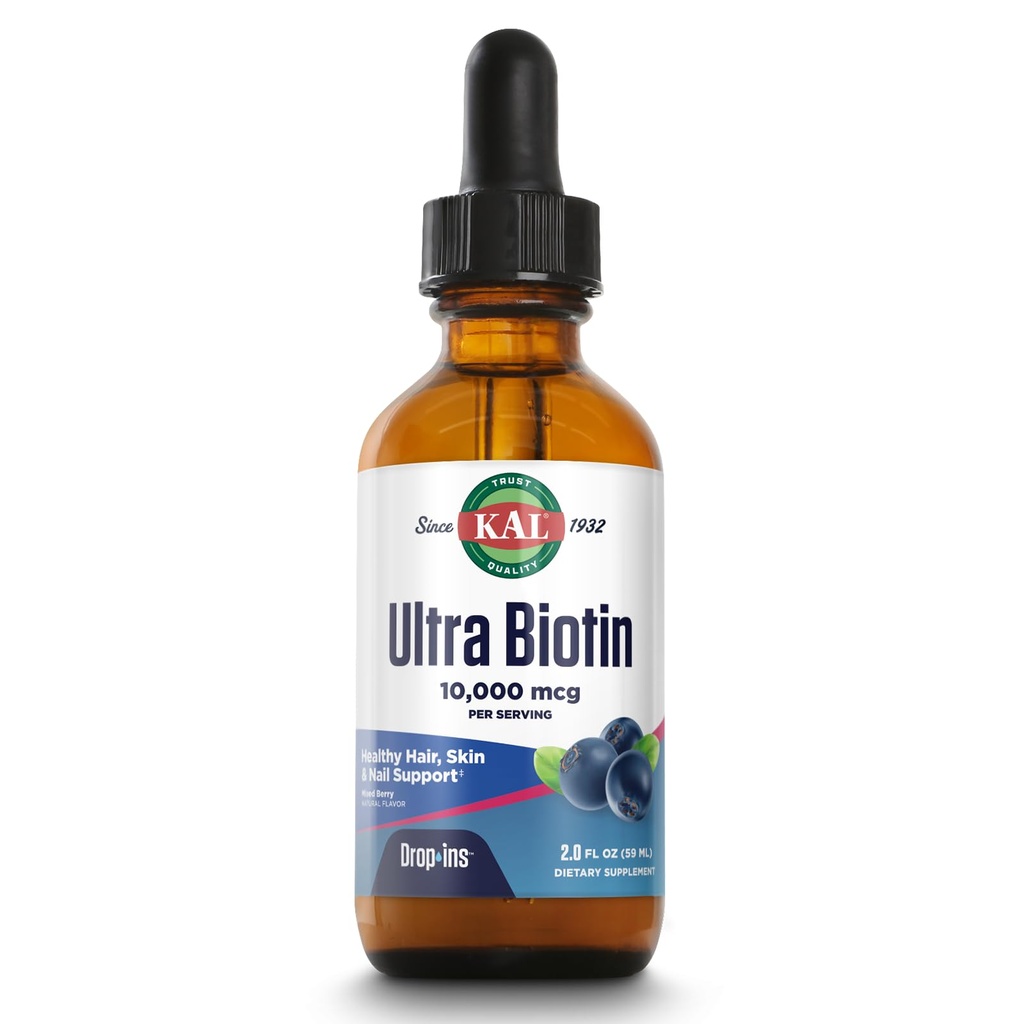 KAL Ultra Biotin 10000mcg DropIns, Liquid Biotin Drops, Vlasové růstové doplňky, vysoká potence vitamin B7, zdravé vlasy, kůže, hřebíky a energetická podpora, přírodní smíšené Berry Flavor, Cca. 59 Serv, 2oz