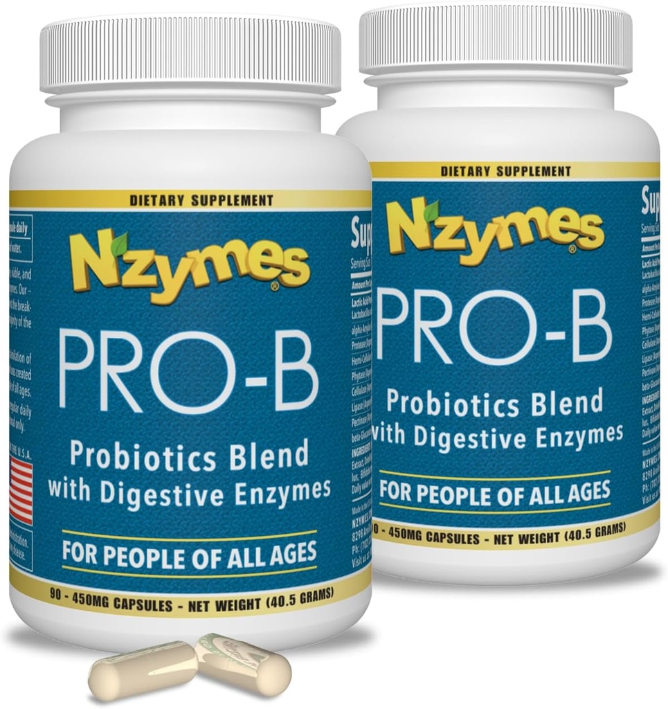 Nzymes ® Pro-B Probiotika a trávicí enzymy pro stravitelnou rovnováhu, lepší stravení, požití a zácpa (180 celkových kapslí) - Vyrobeno v USA