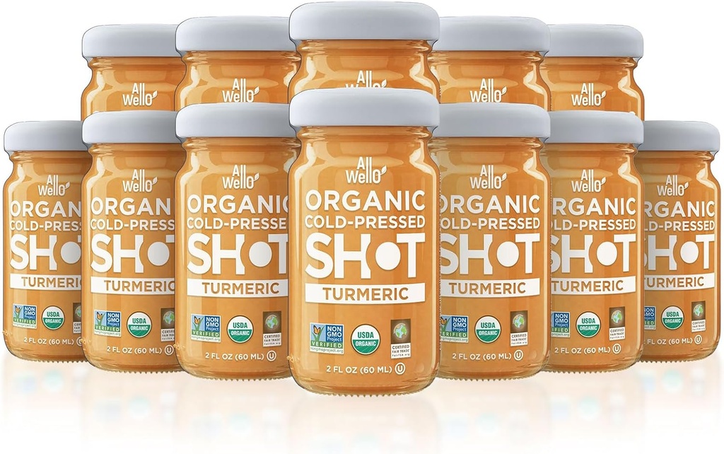 ALLWELLO Cold- Pressed Turmeric Shot, 60 ml, USDA Organic Imunitate Booster with Natu-RAL (12 PK, Turmeric)