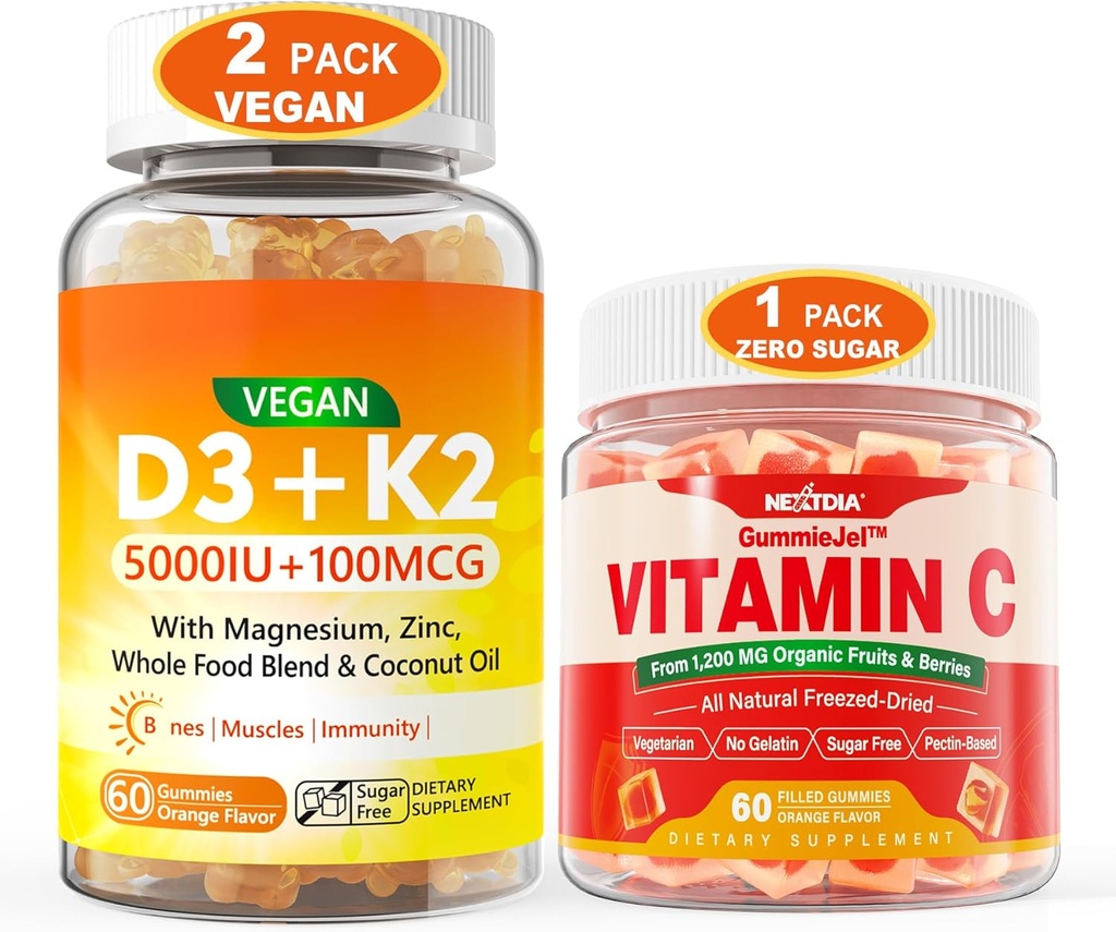 2 balení Vegan vitamin D3 5000IU K2 gumové lupy + 1 balení celé potraviny Vitamin C gumové