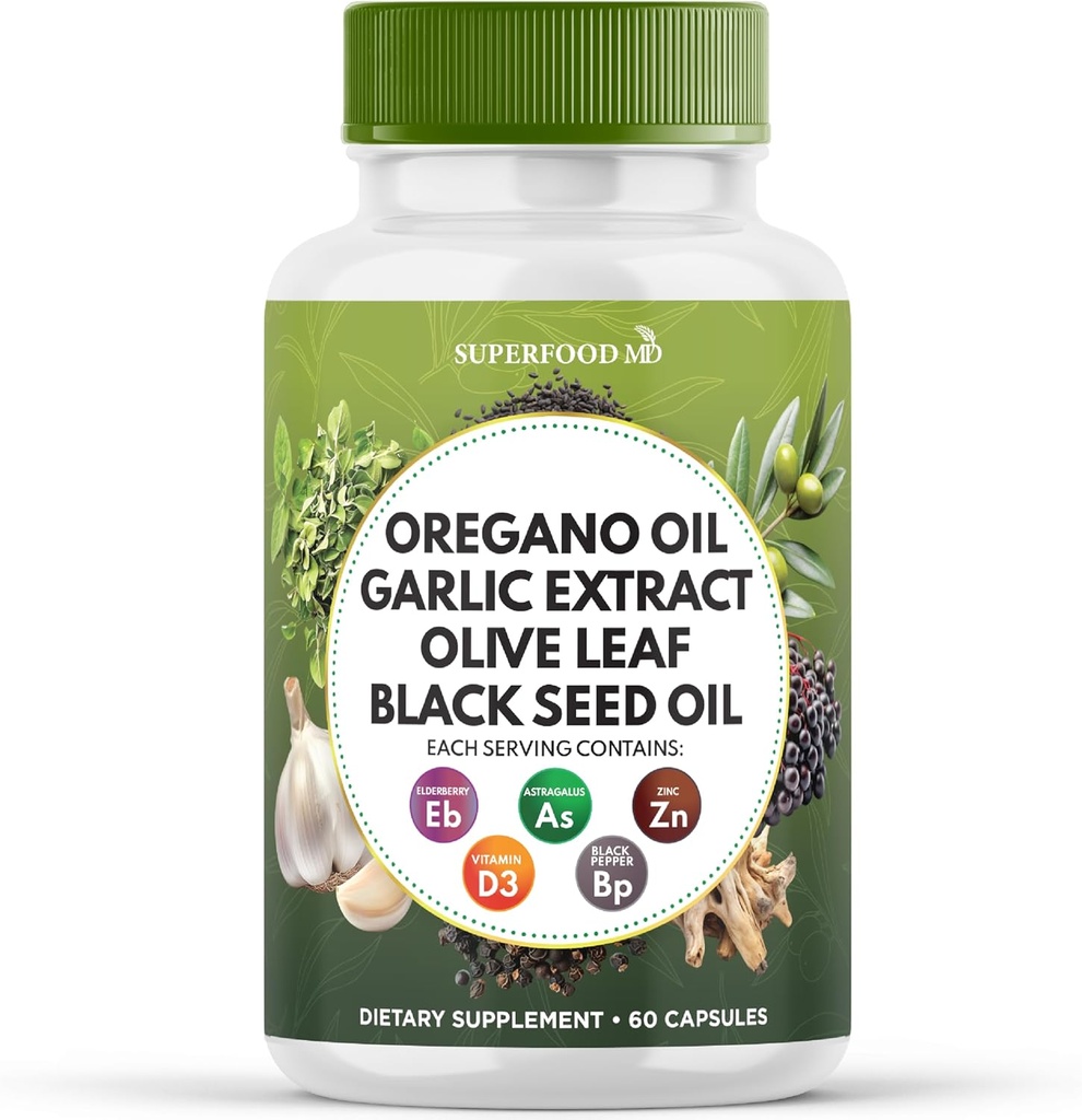 Superfood MD Oregano Oil Česnek Extract Olive Leaf Black Seed Oil Astragalus- pro ženy a muže - 60 Počet