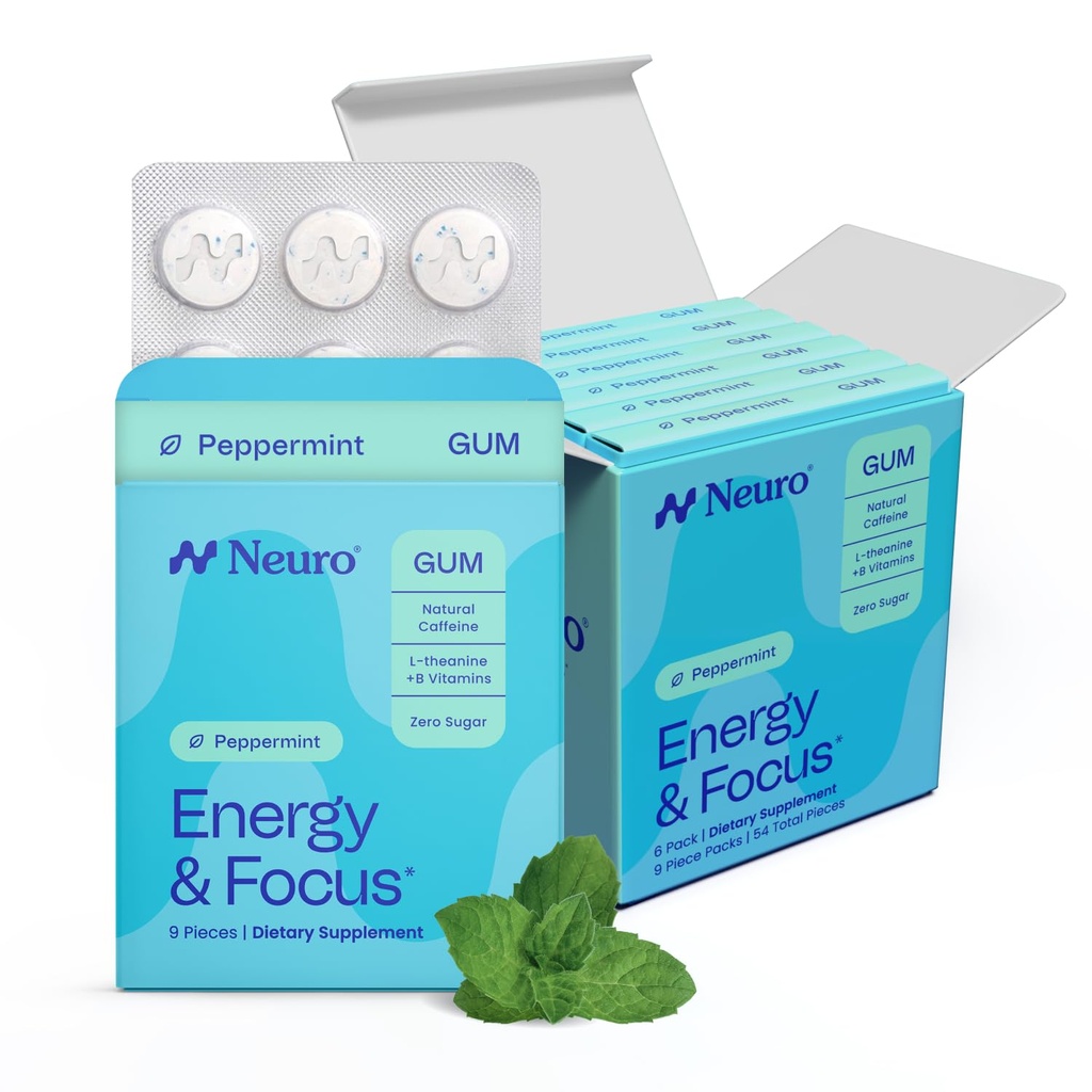 NeuroGum Energy & Focus Gum (54 Count- 6 Pack, Peppermint) 124; 40mg přírodní kofein + L- Theanine + vitamin B12 & B6 + Xylitol 124; Bezcukerné nootropní kognitivní mozek doplněk výkonu