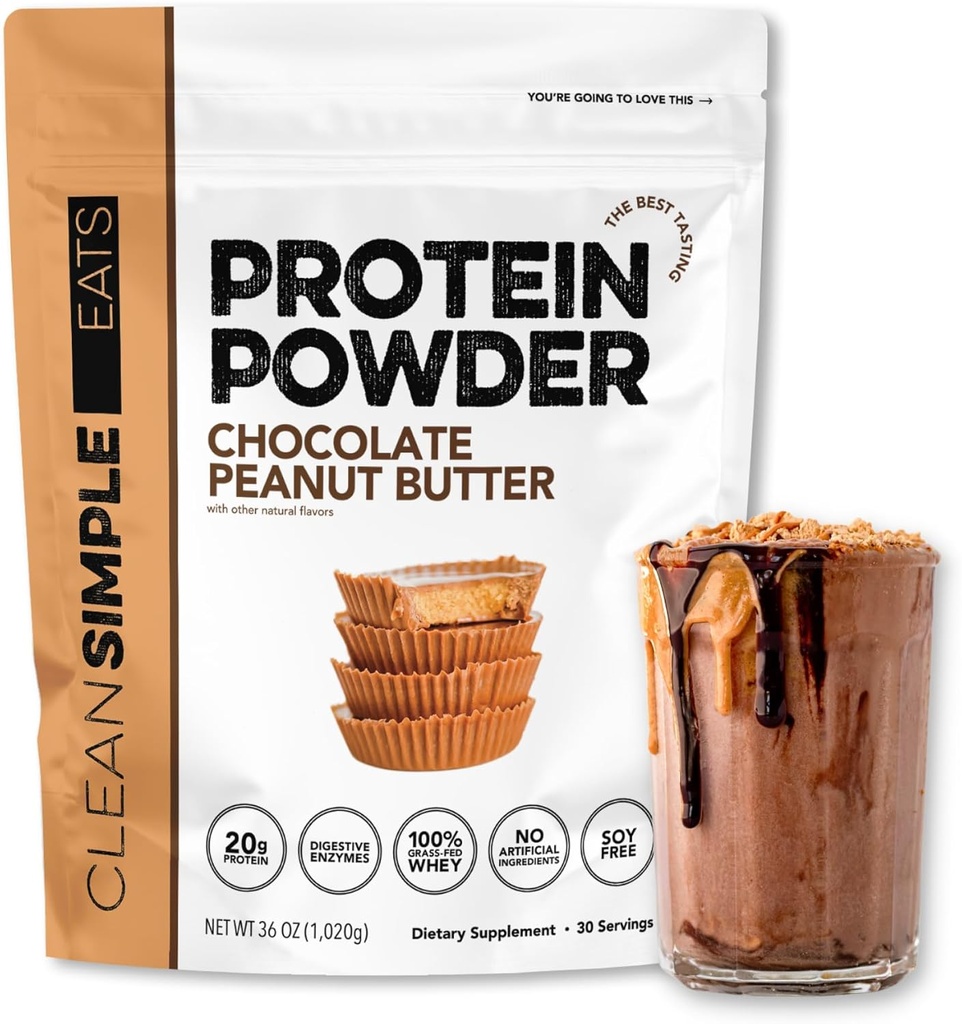 Čisté jednoduché jedí syrovátkové bílkoviny prášek, čokoládové arašídové máslo Flavor přirozeně slazené, 100% tráva Fed protein prášek s trávicí enzymy & žádné umělé přísady, gluten zdarma, 30 Serings