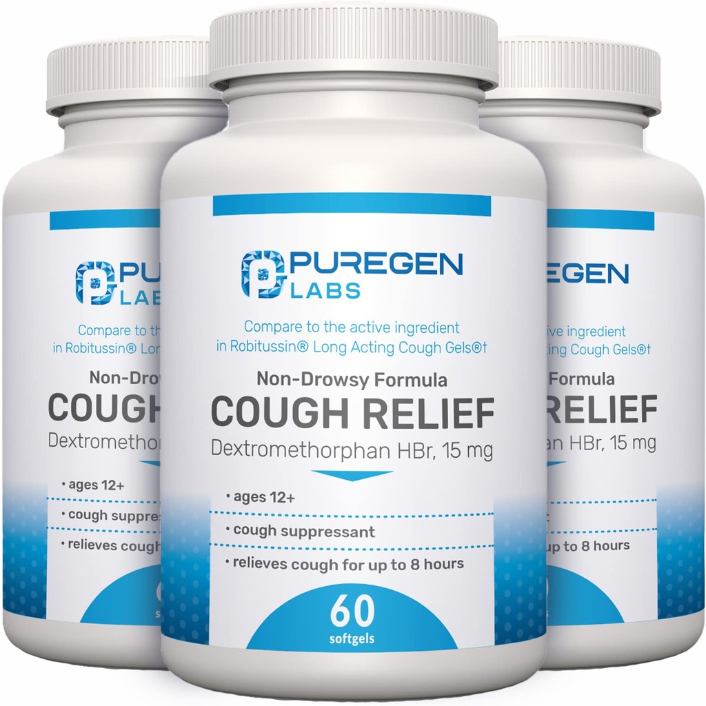 P Puregen Labs Cough Relief pro dospělé Dextromethorfan HBr 15mg IR 124; 8- Hodina, Non- Drowsy, Long- Lasting Bronchial Suppressant IR 124; Ages 12 + IR 124; Porovnat s Robafen a Robitussin - 3 balení 124; Celkem 180 Softgels