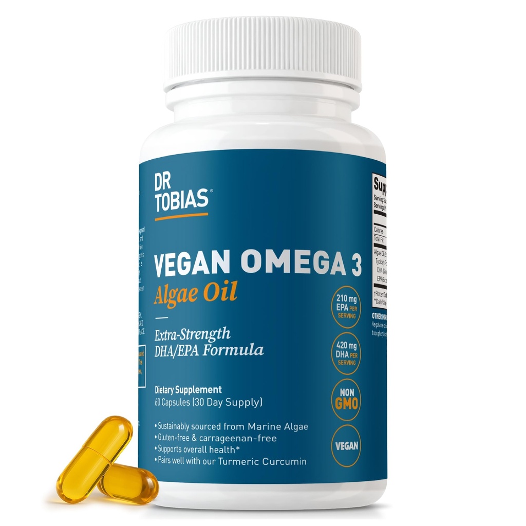 Dr. Tobias Vegan Omega 3 dodatek, 1400mg Řasy olej, 420mg DHA, a 210mg EPA per Serving, Non- GMO, Gluten- Free, Karagenan- Free, 60 Kapsle, 30 Služeb