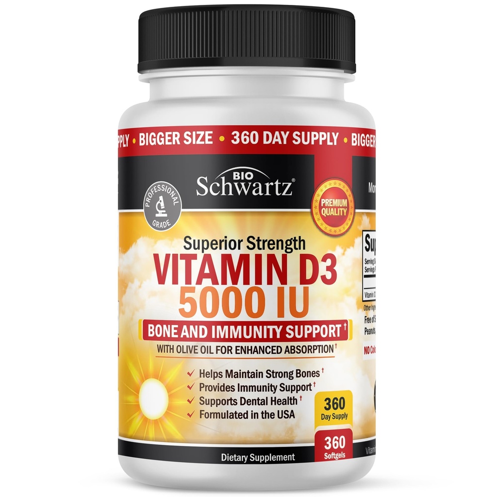 Vitamin D3 5000 IU (125 mcg) Přirozený doplněk imunitní podpory, síla kosti, zdravé svalové funkce, s olivovým olejem pro nejvyšší absorpci, gluten zdarma & Non- GMO, 1 rok dodávky, 360 Softgels