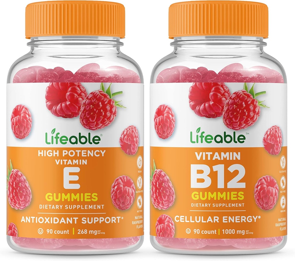 Živý vitamin E + vitamín B12, Gummies Bundle - Velký příchuť, doplněk vitamínu, gluten zdarma, GMO zdarma, Žvýkací guma