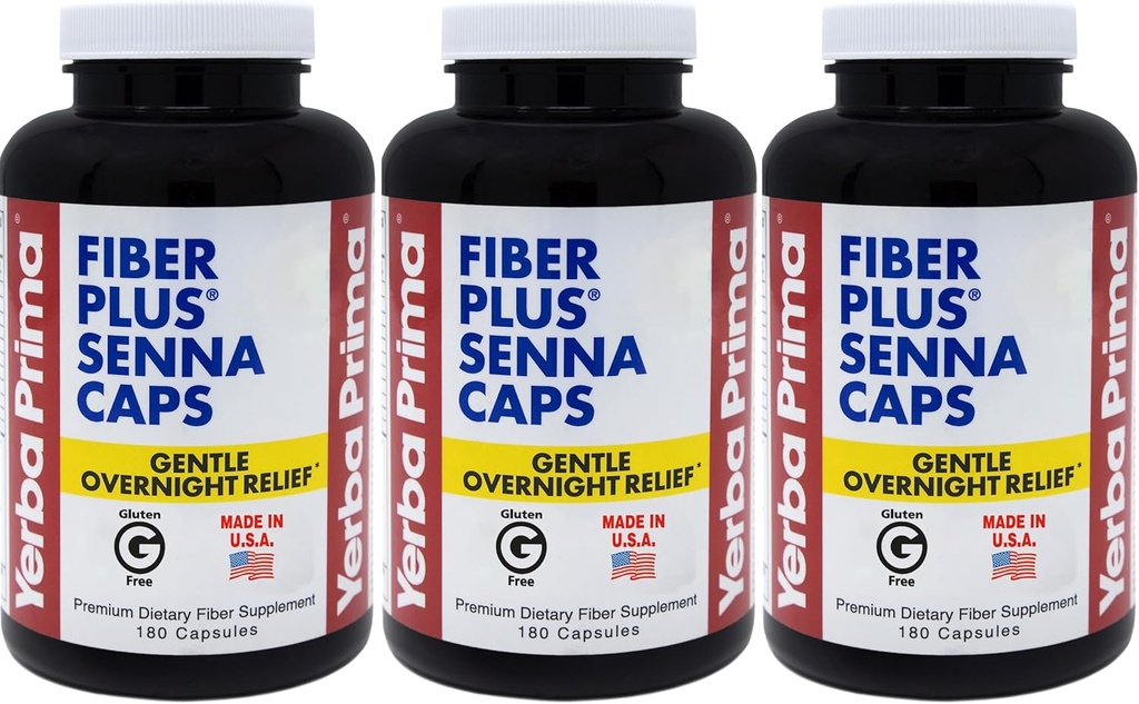 Yerba Prima Fiber Plus Senna Kapsle, 180 Počet (Balení 3) - 118 Servings of Gentle Overnight Relief, USA Made, Non- GMO, pro Short- Termín použití obnovit Regularitu