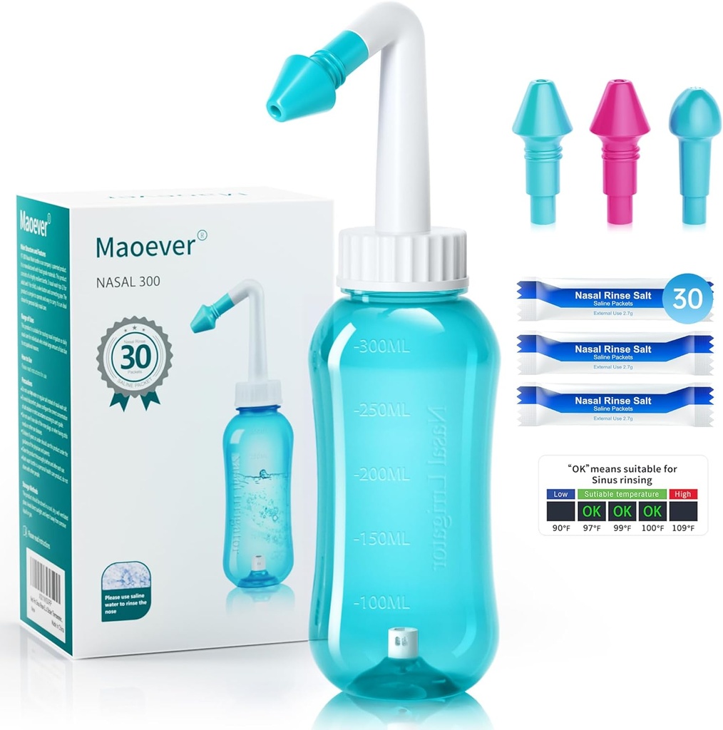 Neti Pot Sinus Rinse Lahvička Čistič nosní sliznice Tlak Rinse Nasal zavlažování pro dospělé & Kid BPA zdarma 300 ML s 30 Nasal Wash Salt Packets a Teploměr samolepky