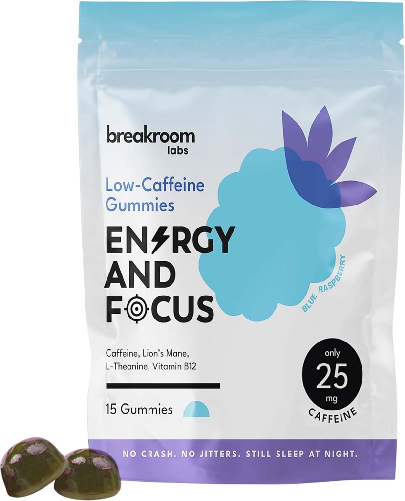 Breakroom Labs Energy and Focus Gummies - Nízký kofein 25mg w / L- Theanin, Lví hříva, Vitamin B12 - Nootropic Brain Supplement pro dospělé, Děti - Vegan, Nízký cukr, Blue Raspberry Flavor, 15 Služeb