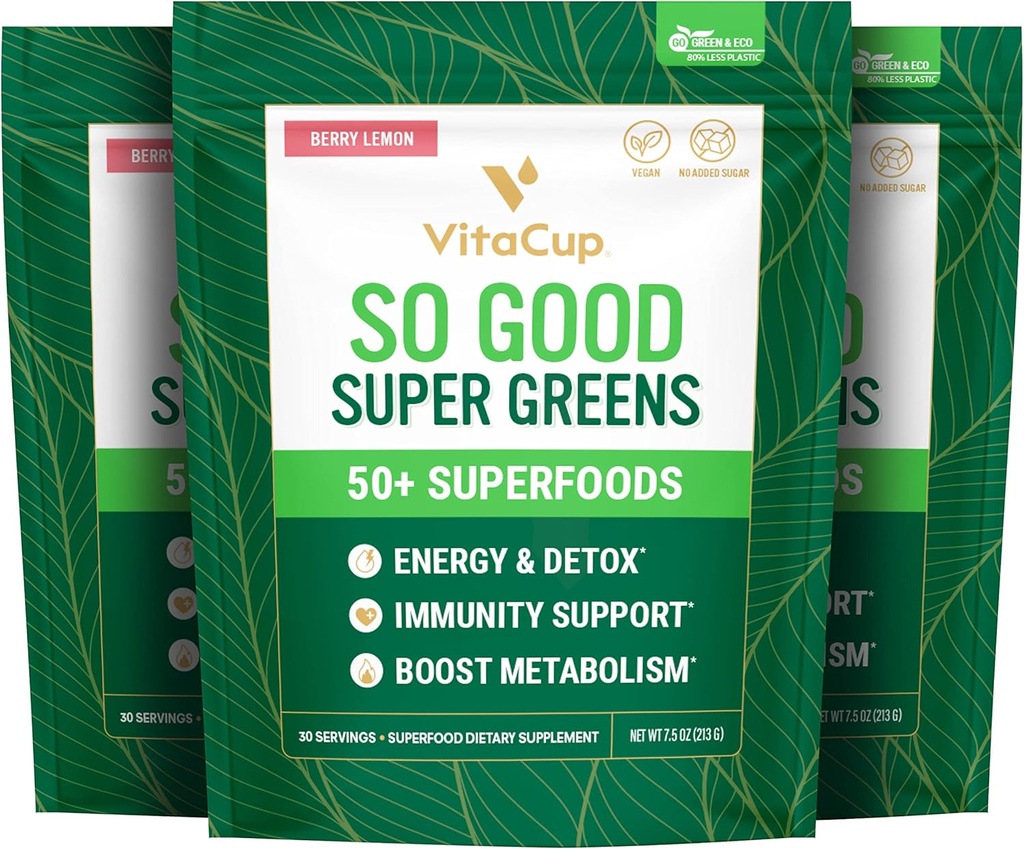 VitaCup Super Greens Powder Smoothie & Juice Mix w / 50 + Premium Superfoods, Digestive Health, Bloating Relief, Detox, Gut Health w / Probiotika, Antioxidanty, Berry Lemon, 30 Servings Každý, 3 tašky