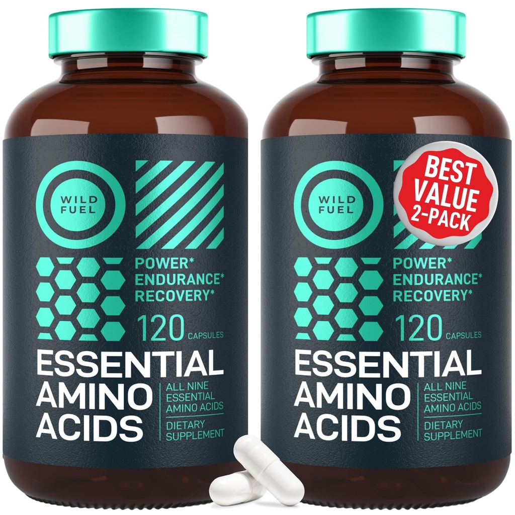 WILD FUEL Essential Amino Acids Doplněk pro ženy a muže - všech 9 BCAA Amino Acid Complex for Power and Recovery - EAA Lysin, Tryptofan, Isoleucin - 2 balení 240 Vegan BCAA Kapsle