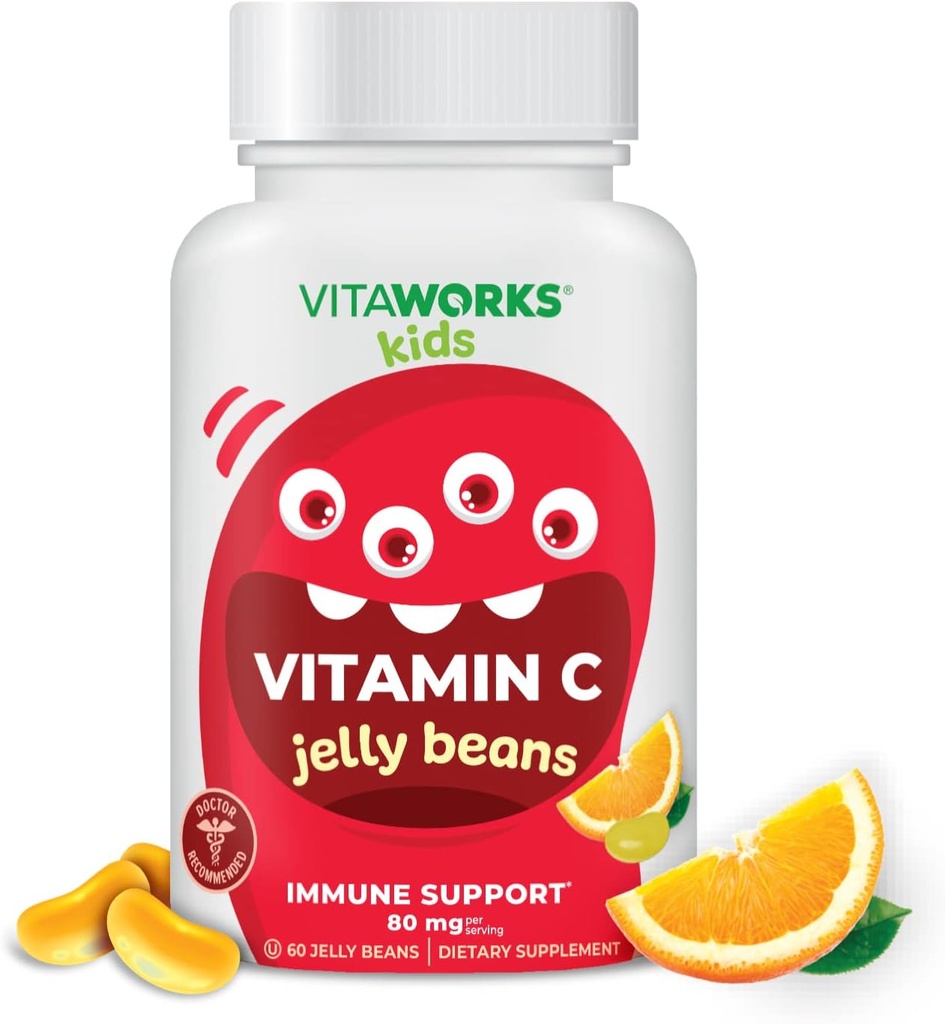 Děti Vitamin C Jelly Fazole 80mg - Tasty Natural Orange Blast Flavor - Vegan, GMO-Free, Gluten Free, Nut Free Vitamíny - Dietní dodatek - pro imunitní podporu - pro děti - 60 Jellies
