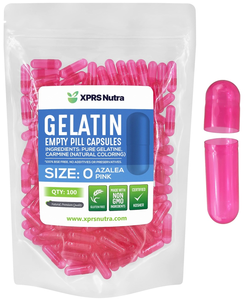 XPRS Nutra Velikost 0 Prázdné kapsle - 100 Počet prázdných želatiny Kapsle - Prášky pro DIY Kapsle Náplň - Čisté Bovine Pill Gel Caps pro Do- It- Vaše vlastní doplňky (Azalea Pink)