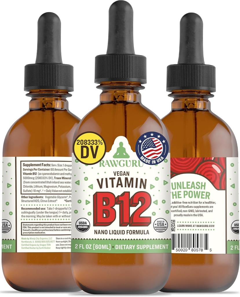 RawGuru vitamin B12 Liquid Supplement - Organic Vegan Liquid B12 s stopovými minerály - Nano- Zpracovaný antioxidant & Imunitní Supplement Supplement tinktura - 60 Doručování Veganských kapek na 60 ml, Balení 1