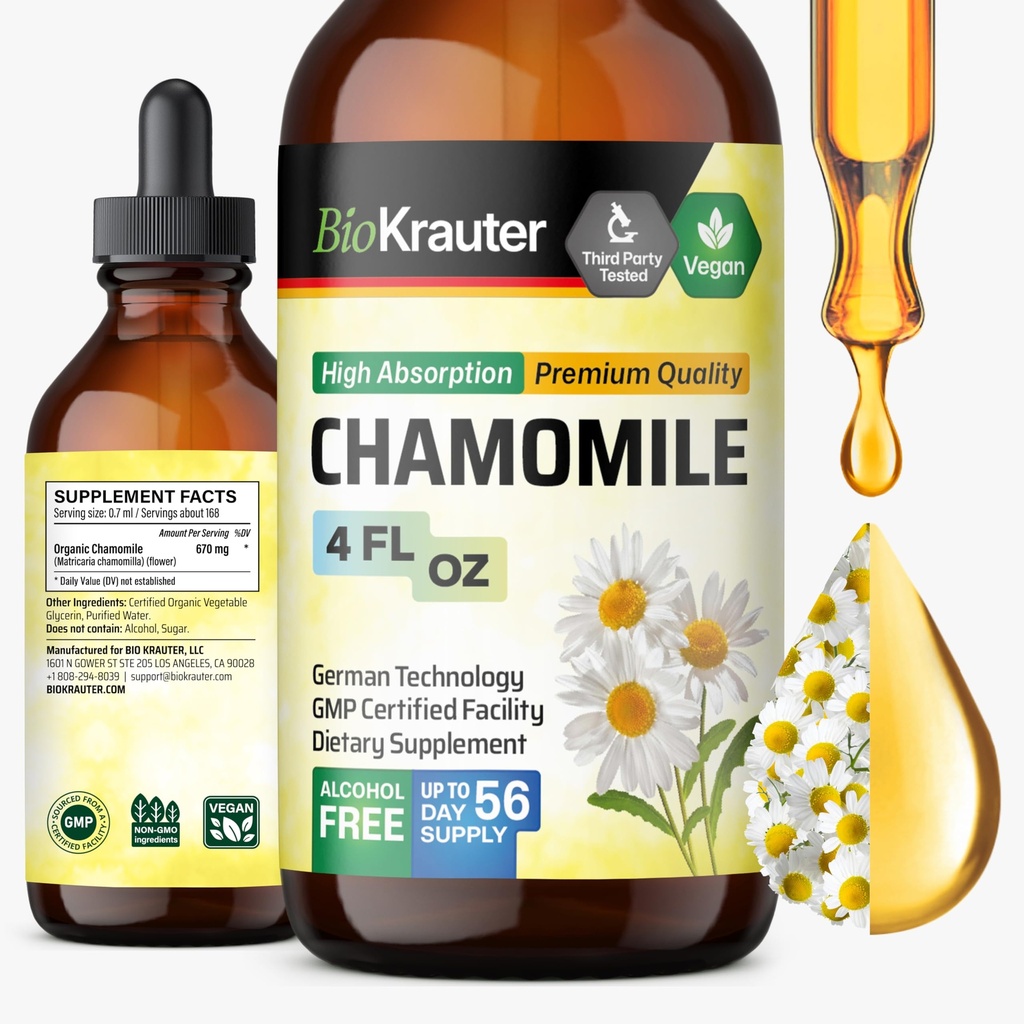 BIO KRAUTER Heřmánek Tinktura - Heřmánkový extrakt - Dodatek pro relaxační a kalmovací podporu - Alkohol a cukr zdarma - Veganské kapky 4 Fl.Oz.