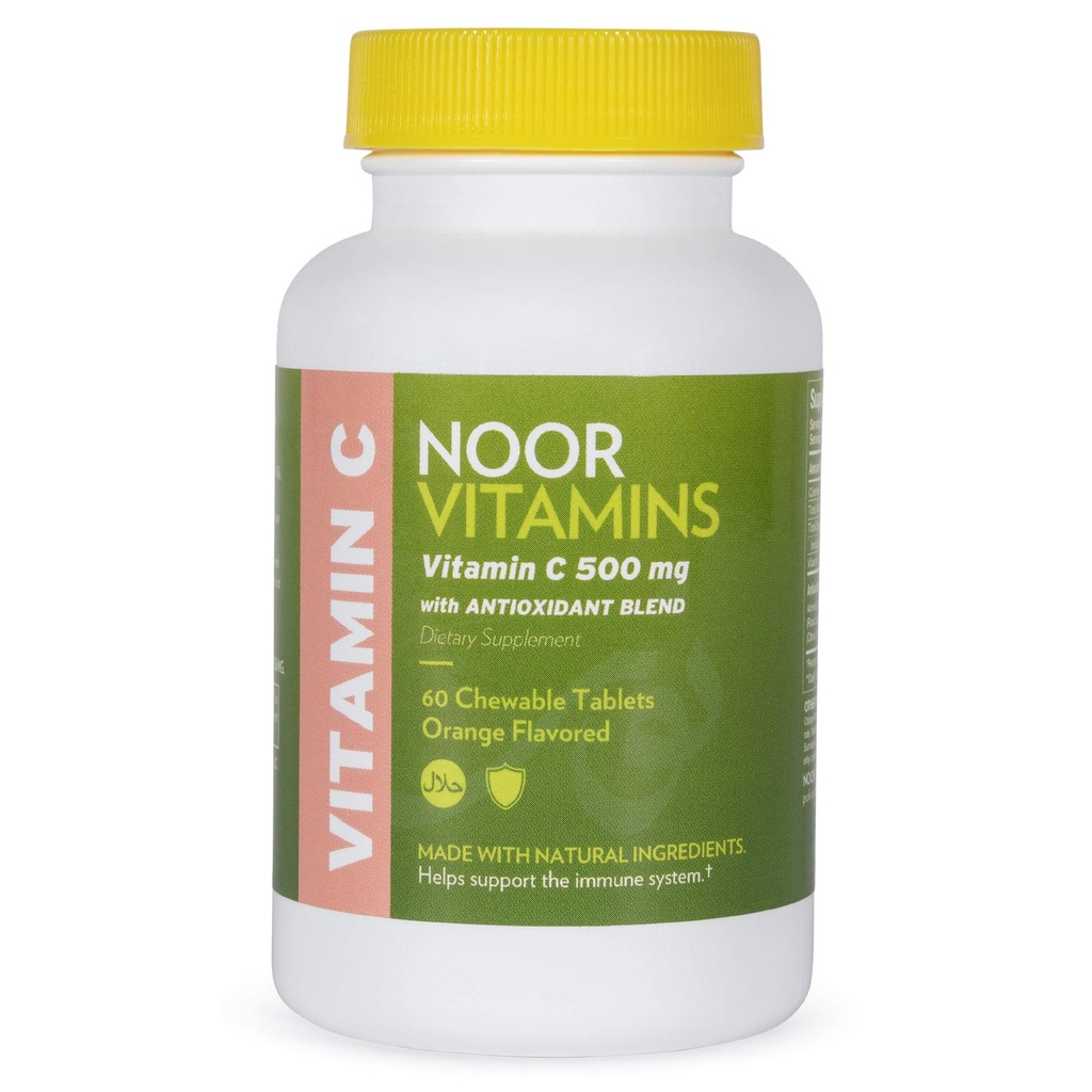 Noor Vitamíny 500 MG Halal Vitamin C Žvýkací tablety + Rose HIPS a antioxidanty I Podporuje imunitní systém I Vegan, gluten Free & Halal Vitamin 60 Orange ochucené Žvýkací tablety I 2 Měsíční dodávky