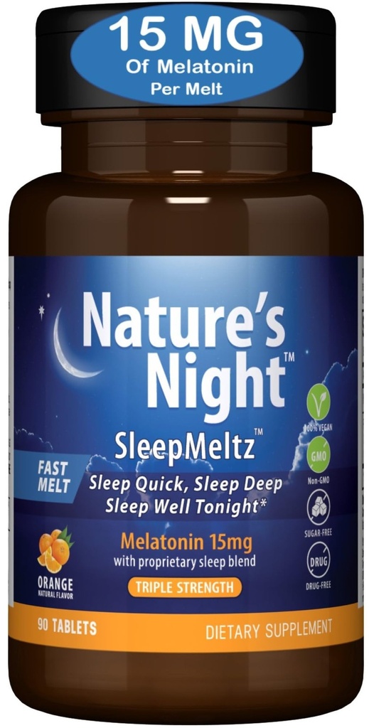 Natural 's Night Triple Strength Quick Disold Melatonin 15 mg s Supports Blend 124; Natural Orange Flavor 124; 90 Count Iron 124; Sugar Free, Vegan, Non- GMO, Drug Free