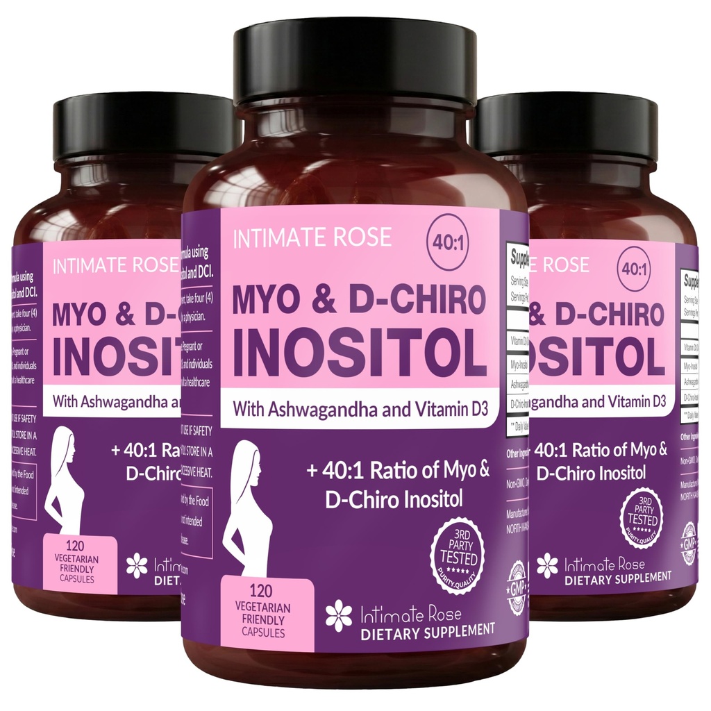 Inhalační Rose Myo-Inositol & D-Chiro Inositol Blend - 40: 1 Směs poměr - Dámské denní Wellness podpora - Vitamin D & Ashwagandha, 3 Lahve