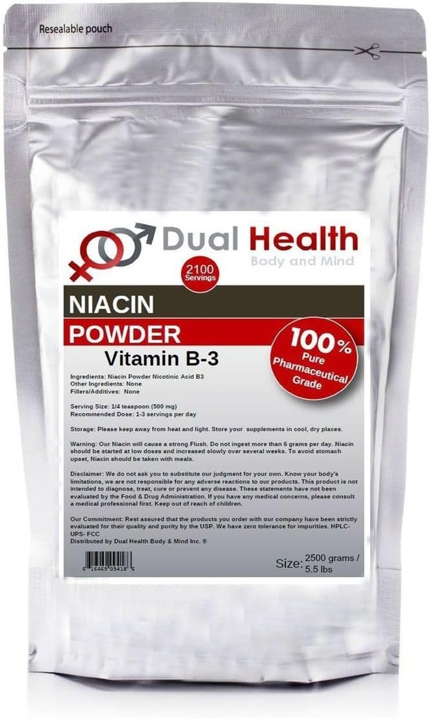 Niacin Powder (5,5 lbs - 2,5 kg) Vitamin B3 Bulk dodatek okamžité uvolnění s Flush Nikotinová kyselina Non- GMO, Vegan, gluten Free Fast Absorption No Fillers, Additiva, kovy