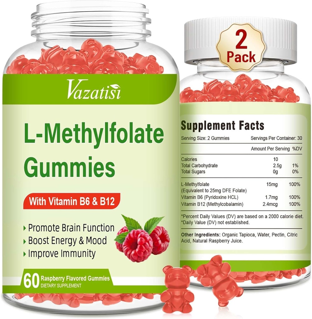 L-methylfolát 15 mg gumové s methyl B12, Folát dodatek pro nádech, zdraví mozku, imunitní podpora, Malina Flavor, 120 Počet