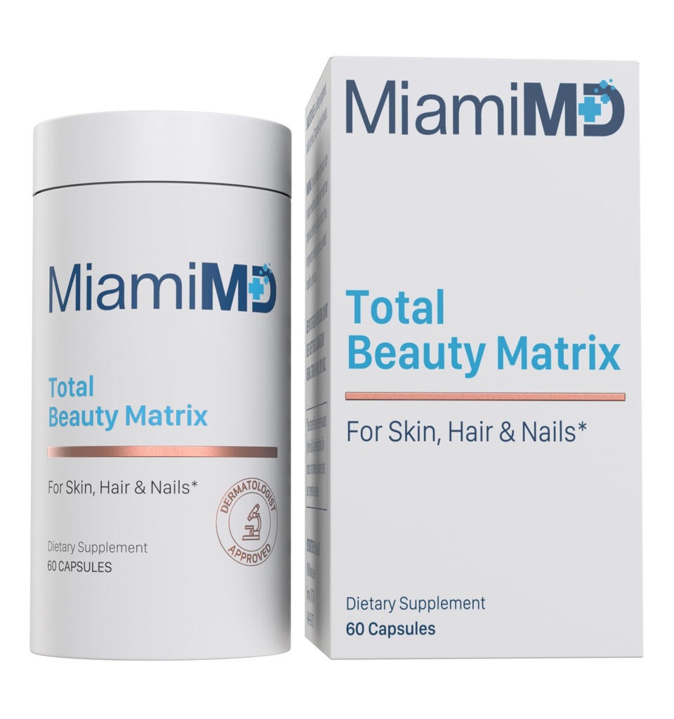 MiamiMD Total Beauty Matrix Kolagen doplňky pro ženy - Kolagenové kapsle s vitamínem C pro vlasy, kůži a nehty - Krutost zdarma - 60 Kapsle