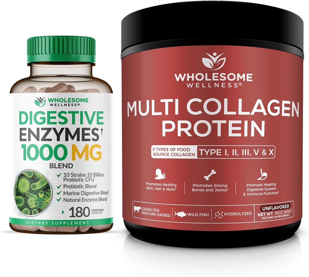 Zdravé wellness trávicí enzymy 1000MG Plus Prebiotika & Probiotika Dodatek + Multi kolagen protein prášek hydrolyzované (typ I II III V X) Bundle