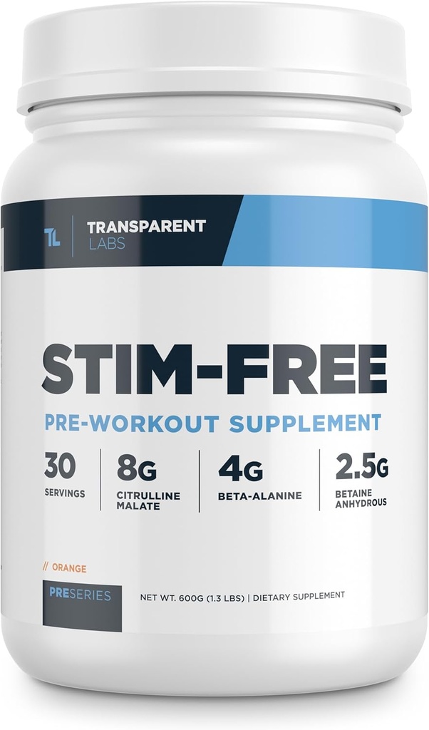 Transparentní Labs Stim- Free Pre- Workout - Kofein & Stim zdarma PředWorkout Prášek pro muže a ženy s Beta Alanin Powder, Citruline Malate, & elevaTP - 30 Servings, Orange