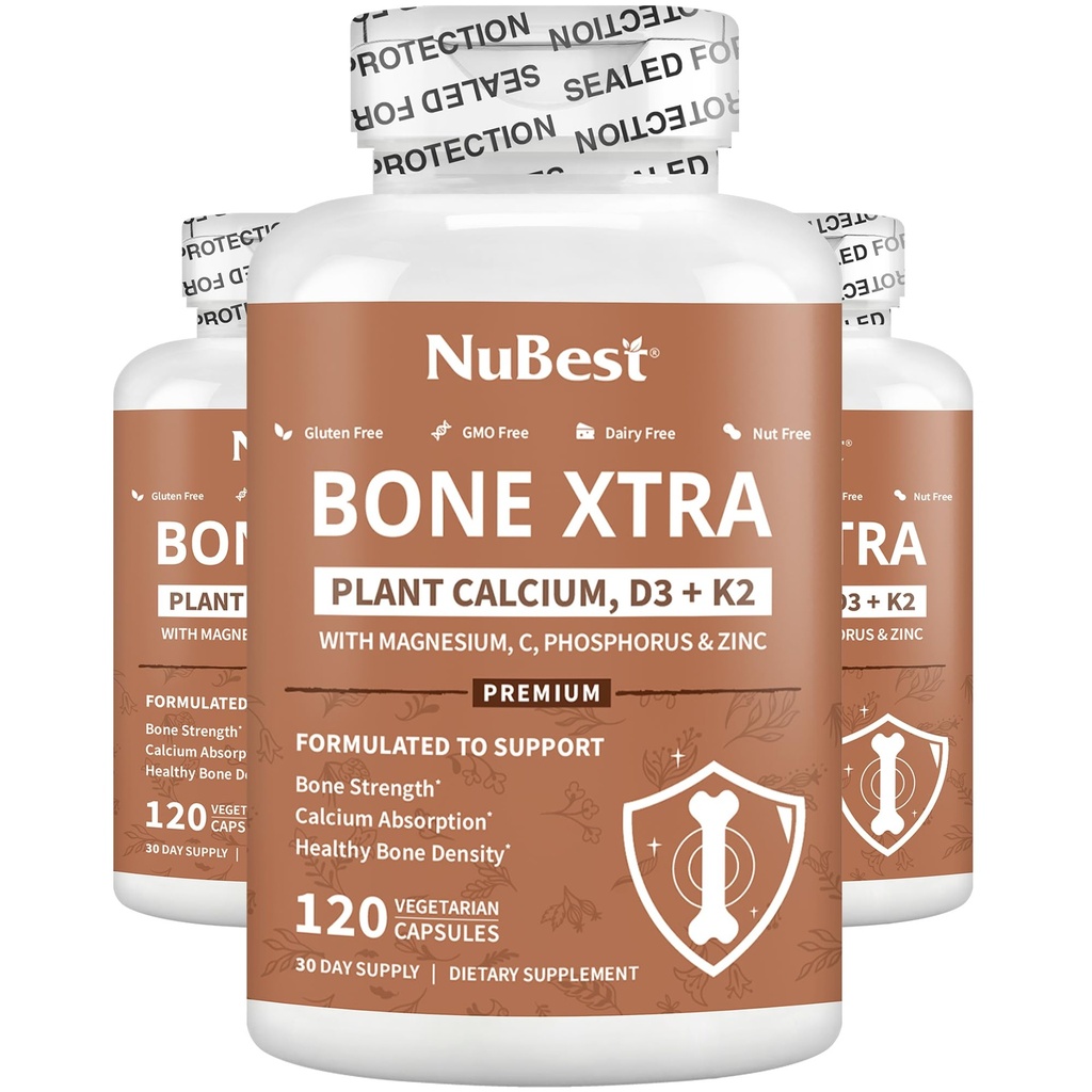 Kostní Xtra - Vegan Kostní Pevnost Formule pro silnější kosti, Plant- based vápník z mořských řas, Vitamíny D3, Vitamin K2, hořčík, Fosfor & Více pro dospívající, Dospělí - 3 měsíce Dodávka 124; 3 Pack