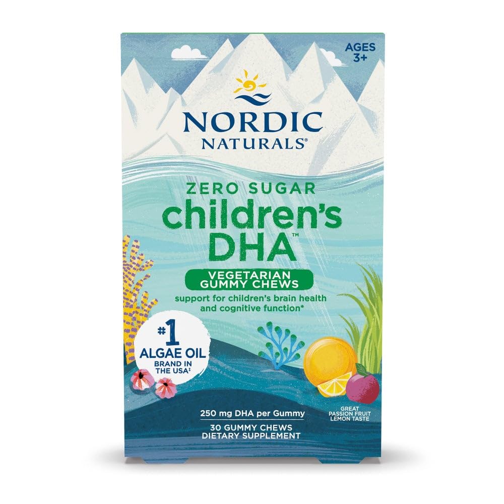 Nordic Naturals Zero Sugar Children 's DHA Vegetarian Gummy Chews - Passion Fruit Lemon Flavor - 30 Gummies - Vegan Algae Omega33 Supplement for Kids Brain & Cognition Supplement - 30 Serings