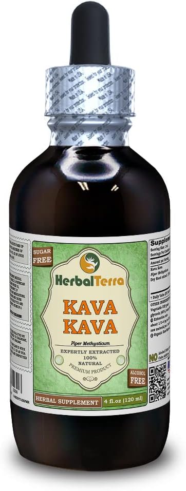 Kava Kava (Piper Methysticum) Glycerit, sušený tekutý extrakt bez kořenového alkoholu (značka: HerbalTerra, Proudly Made in USA) 4 fl.oz (120 ml)