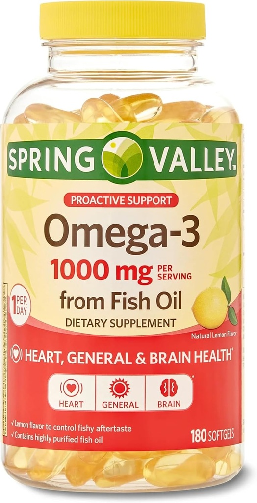Spring Valley Omega-3 1000 mg od Fish Oil, Heart, Brain Health, Lemon, 180 Softgels