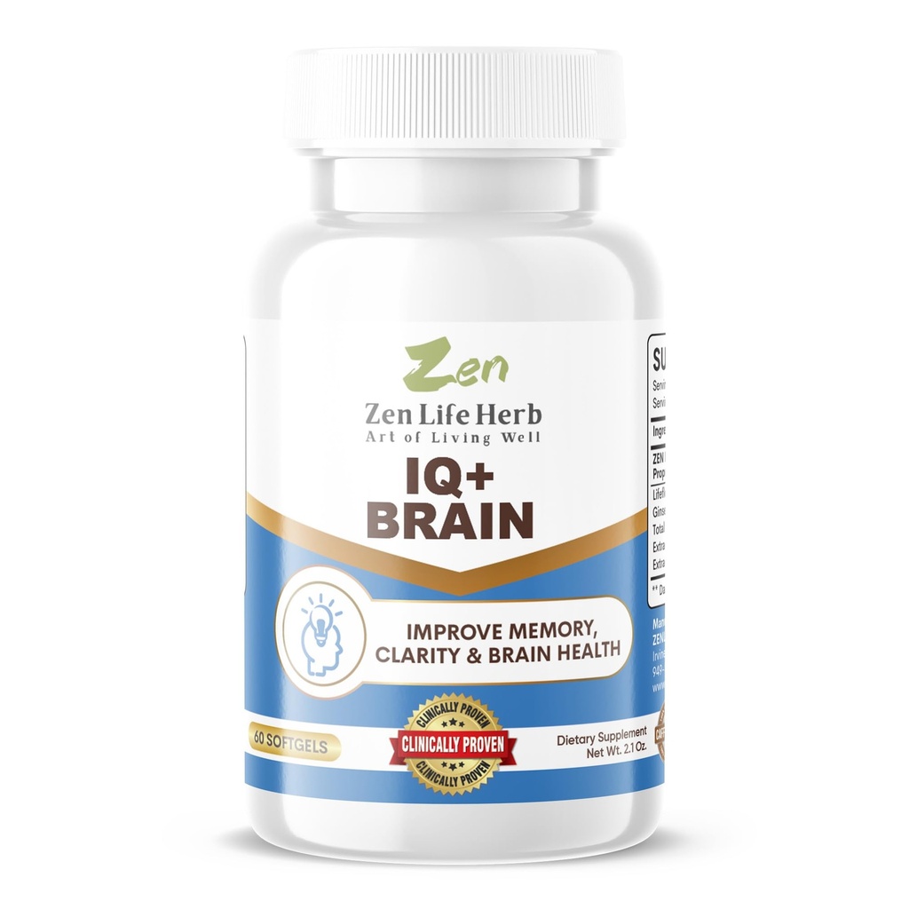 ZEN LIFE HERB IQ + Mozek - Caffeine- Free, Klinicky testované zaměření, Koncentrace, Paměť & Energie, Přírodní Plant- Based Bylinný dodatek, Přidány Vitaminy / Minerály / Houba / Cukr (60 Softgels)