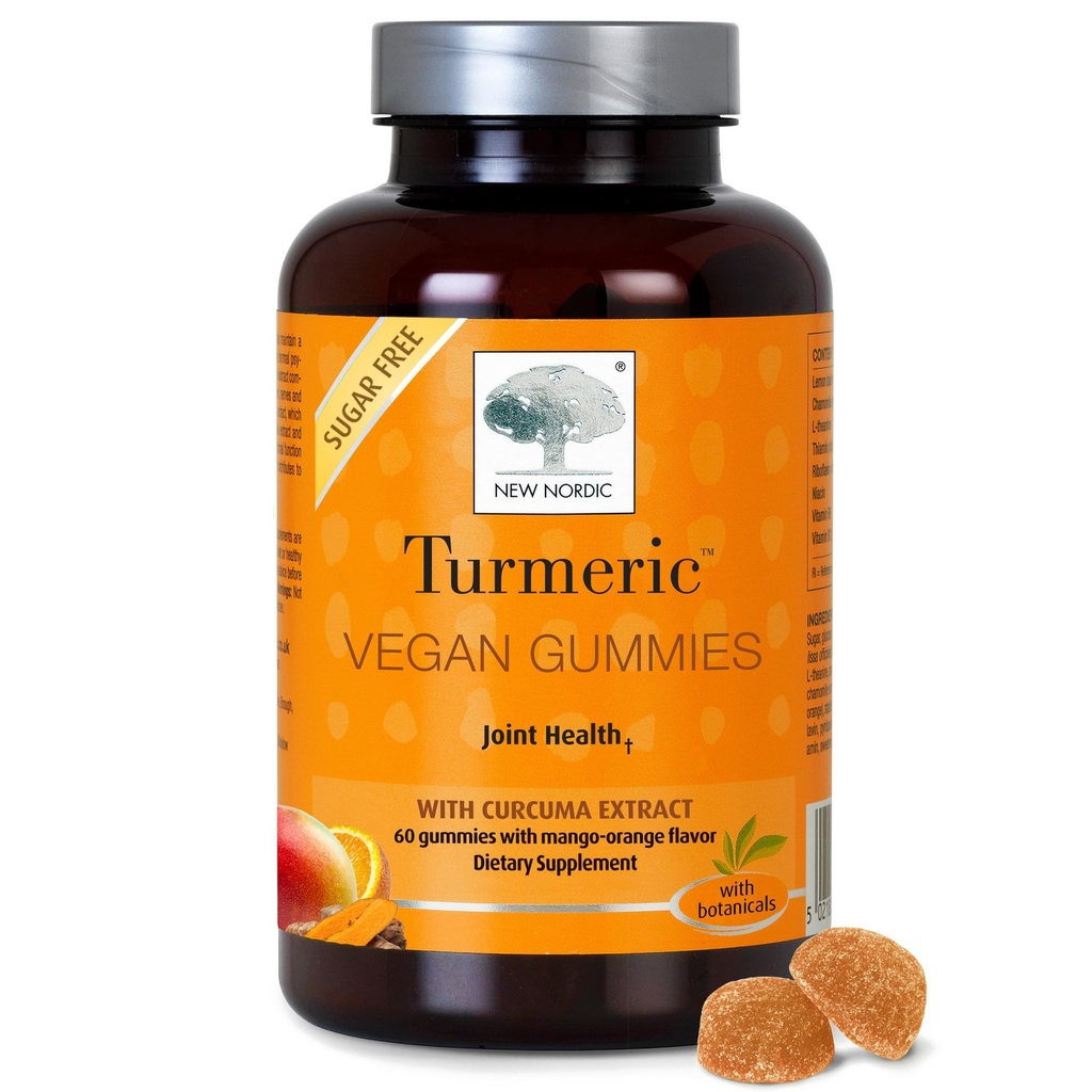 NEW NORDIC Kurkumin gumy, Cukr zdarma, 300 mg Kurkuma doplněk pro muže a ženy, podporuje normálně fungující spojky, kolena, ramena, Mango Orange, 60 Počet