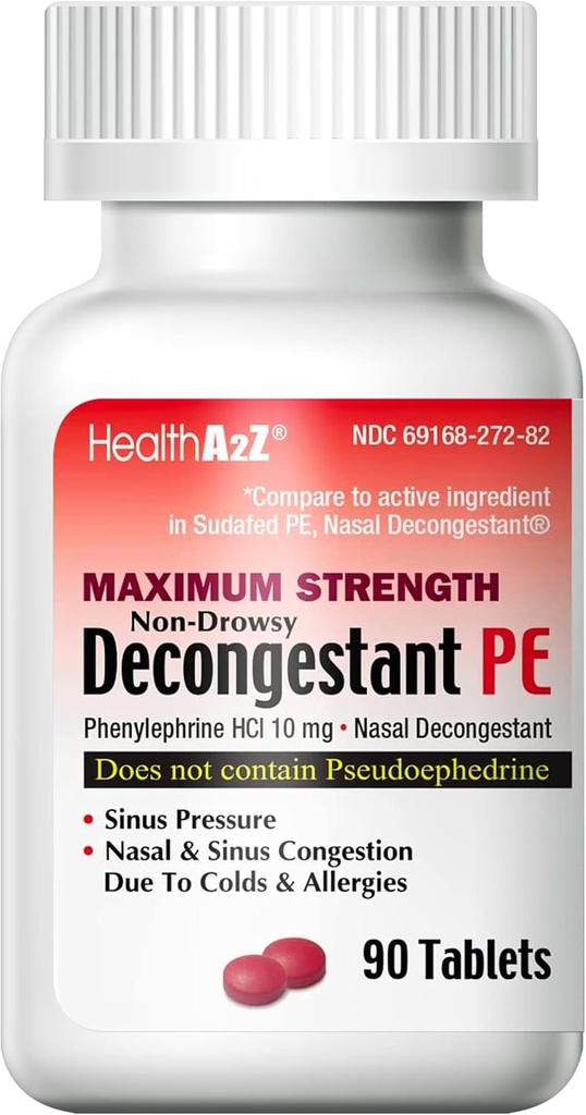 HealthA2Z ® Decongestant PE PHI124; Fenylefrin HCl 10 mg PHI124; Maximální síla HIV124; Non- Drowsy Nasal & Sinus Congestion Relief Due to Cold & Alergies (90 Počet (balení po 1))
