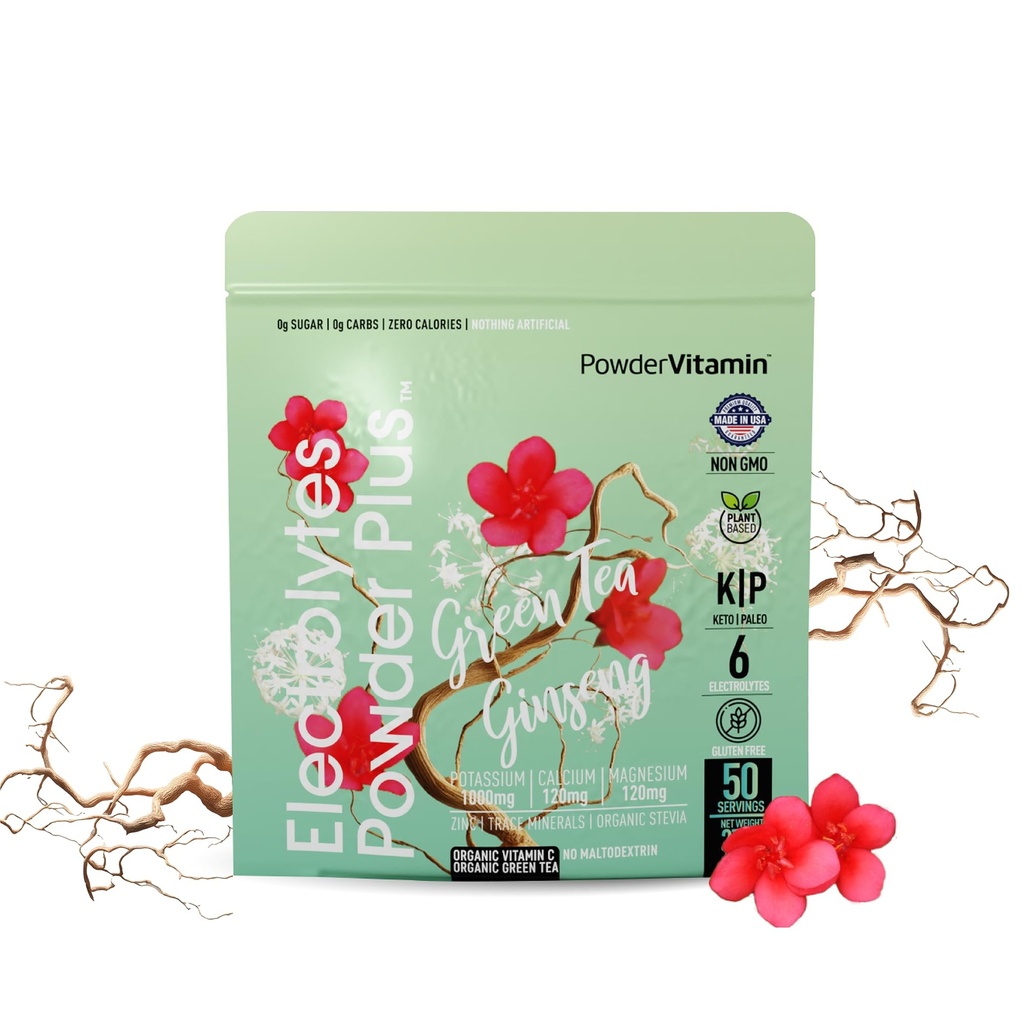 PowderVitamin Electrolytes Powder Plus (50 Serings) Green Tea Ginseng Electrolyte Powder Keto, bez cukru, růžová himalájská sůl, 1000mg draslík, 120mg vápníku, 120mg hořčíku, hydratační prášek