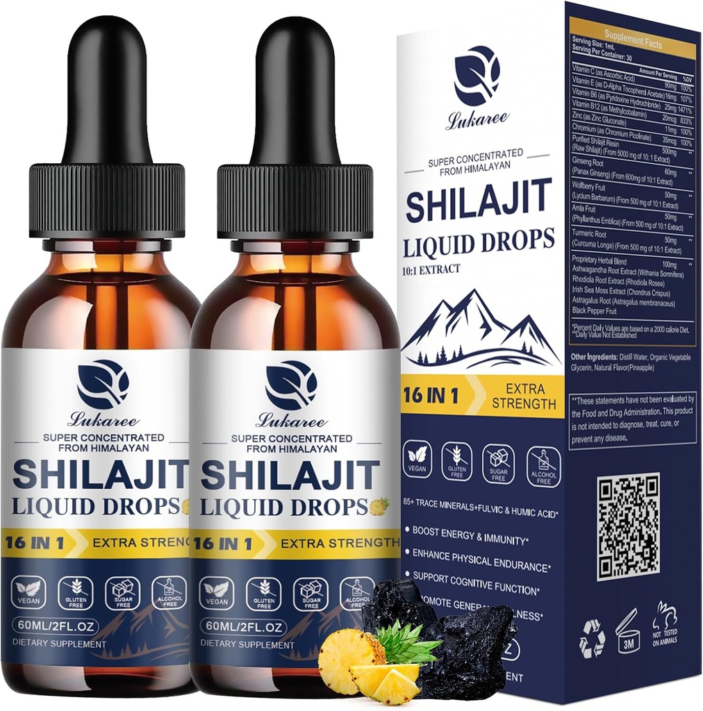 Lukaree 16-in-1 Shilajit Drops for Men and Women, Ashwagandha, Ginseng, Turmeric, Rhoddiola, Amla, Moss, Tekutý vitamin dodatek s 85 + Stopové minerály a kyselina Fulvická, 2 FL Oz (2 balení)