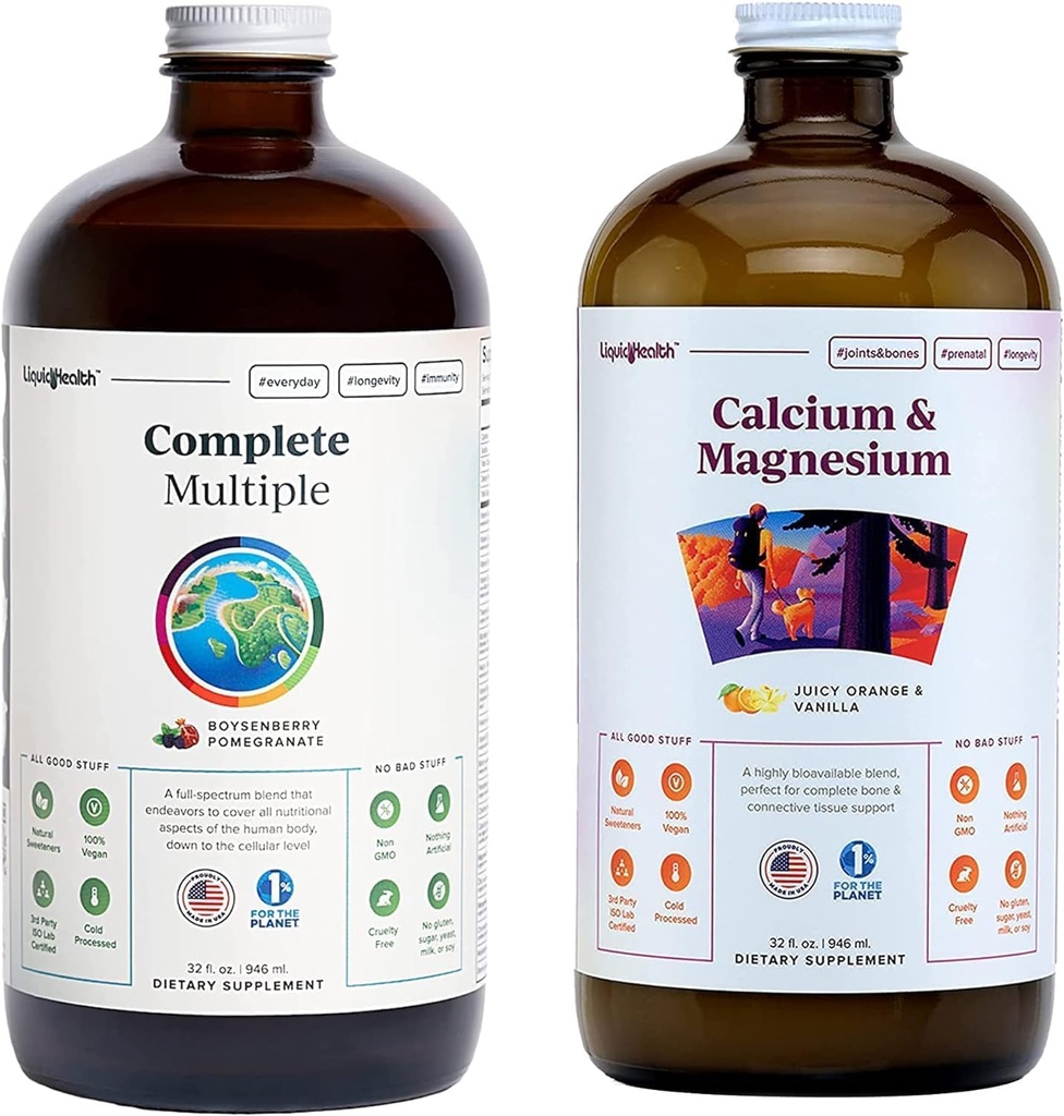 LIQUIDHELTH Kompletní vícenásobný multivitamin a vápník a hořčík tekutý vitamin Bundle pro dospělé - celé tělo zdraví, imunitní systém, Kostní a společná podpora - Celé potraviny, Vegan, Non- GMO, USA Made