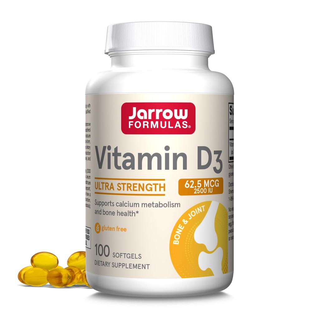 Jarrow Vitamin D3 62, 5 mcg (2 500 IU) - 100 Servingů (Softgels) - Kostní zdraví, imunitní podpora a metabolismus vápníku - vitamin D Dodatek - D3 Vitamíny - 2500 Vitamin D - Gluten zdarma